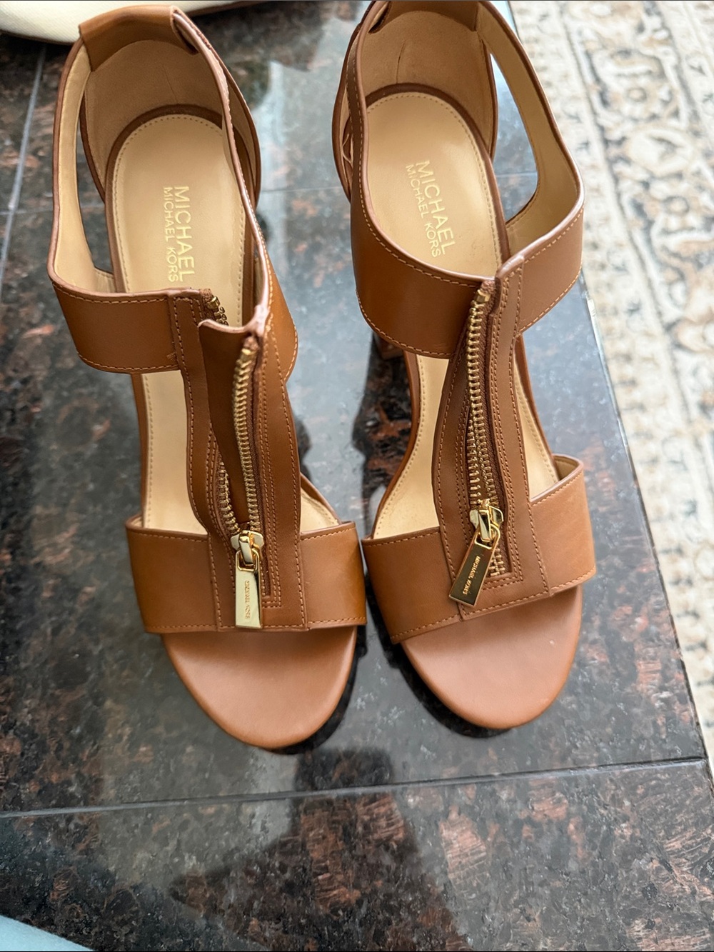 MICHAEL Michael Kors Cognac Leather Zip-Front Heeled Sandals